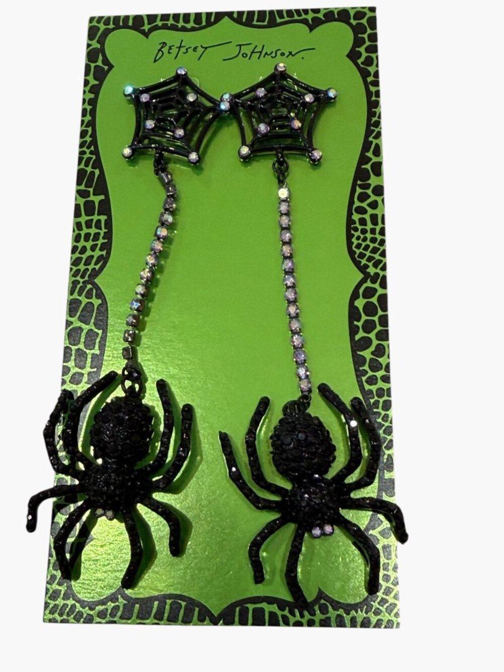 Betsey Johnson Spider Spiderwed Crystal Long Dangle Drop Halloween Earrings NWT